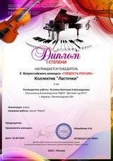 Диплом I степени коллектив "Ласточка" на X Всероссийском конкурсе "Гордость России" 