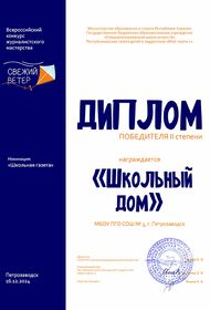 Диплом победителя II степени газета Школьный дом