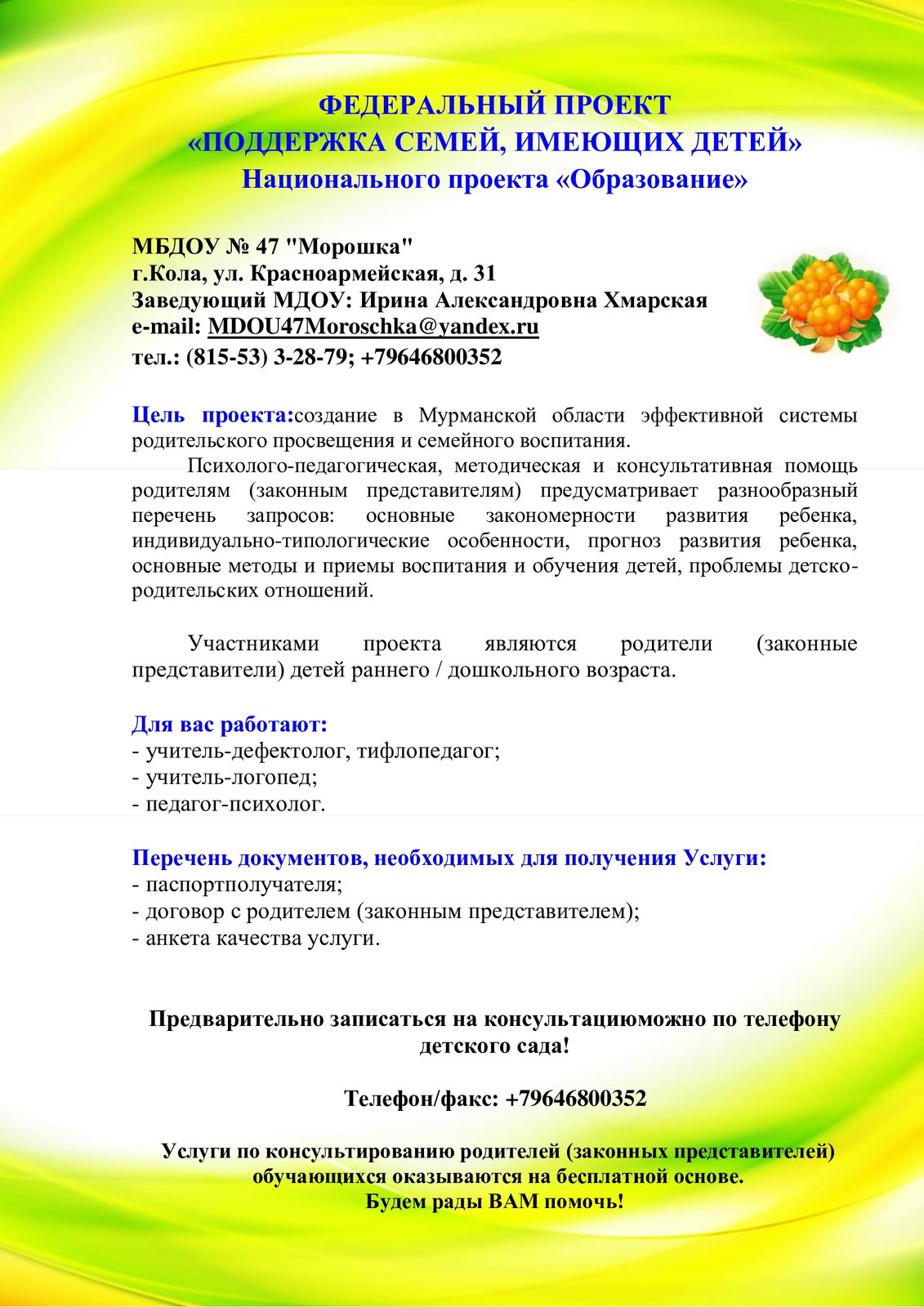 МБДОУ № 47 г. Кола Кольского района Мурманской области. Федеральный проект  «Поддержка семей, имеющих детей»