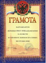 Грамота за III место в районном лыжном празднике 2016 г.