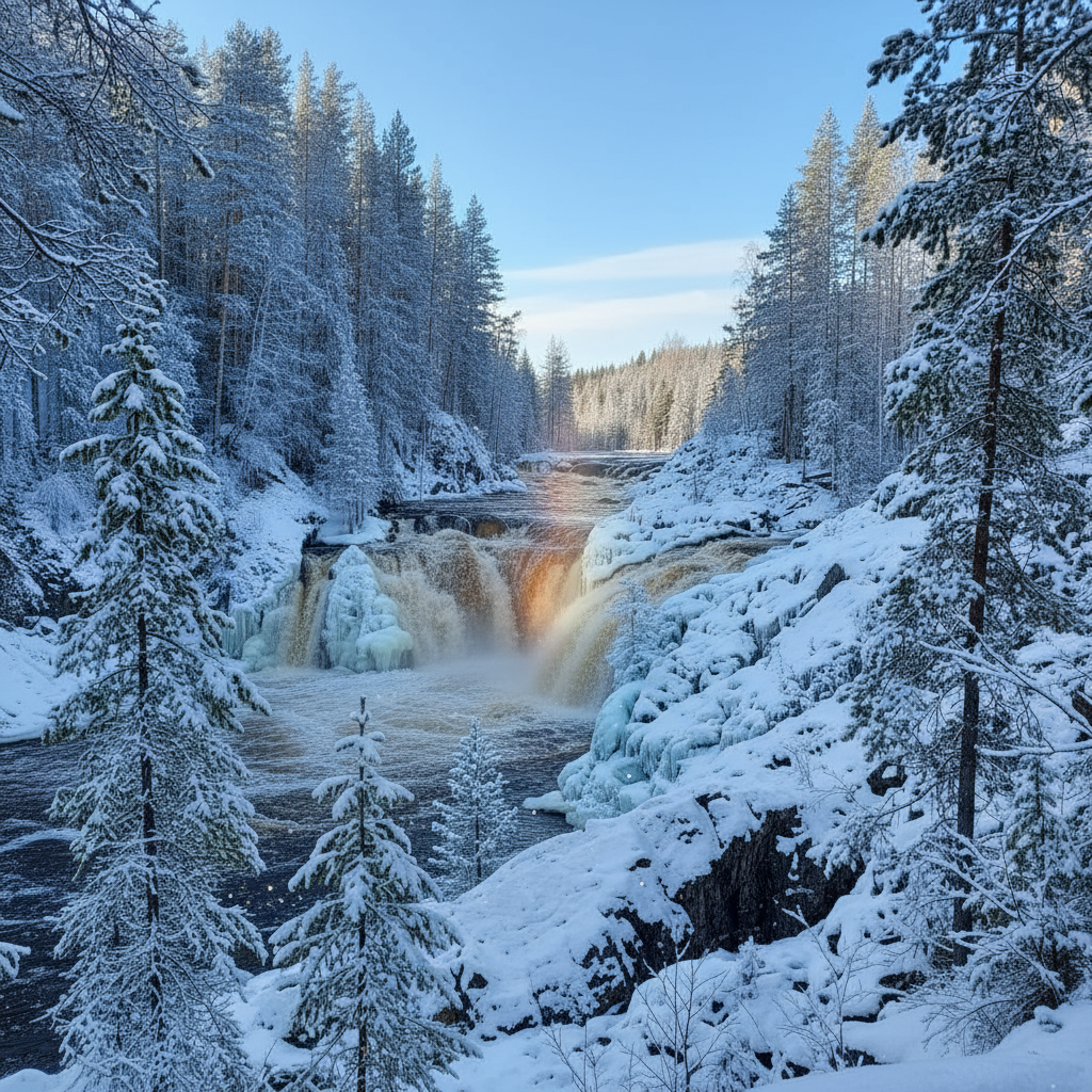 Зимние туры в Карелии: упряжка хаски и северные олени под снегом, водопад Кивач