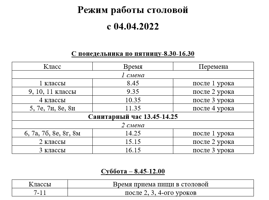 Режим работы столовой образец