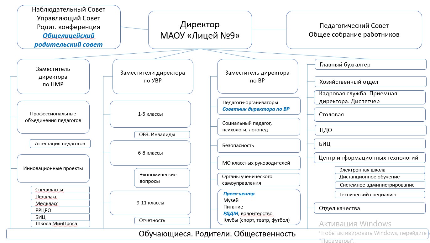 Муниципальное автономное общеобразовательное учреждение города Новосибирска  «Лицей № 9». Структура и органы управления образовательной организацией