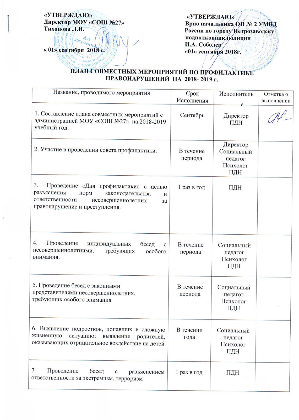 МБОУ Петрозаводского городского округа Средняя общеобразовательная Школа  номер 27 с углубленным изучением отдельных предметов. План мероприятий по профилактике  правонарушений