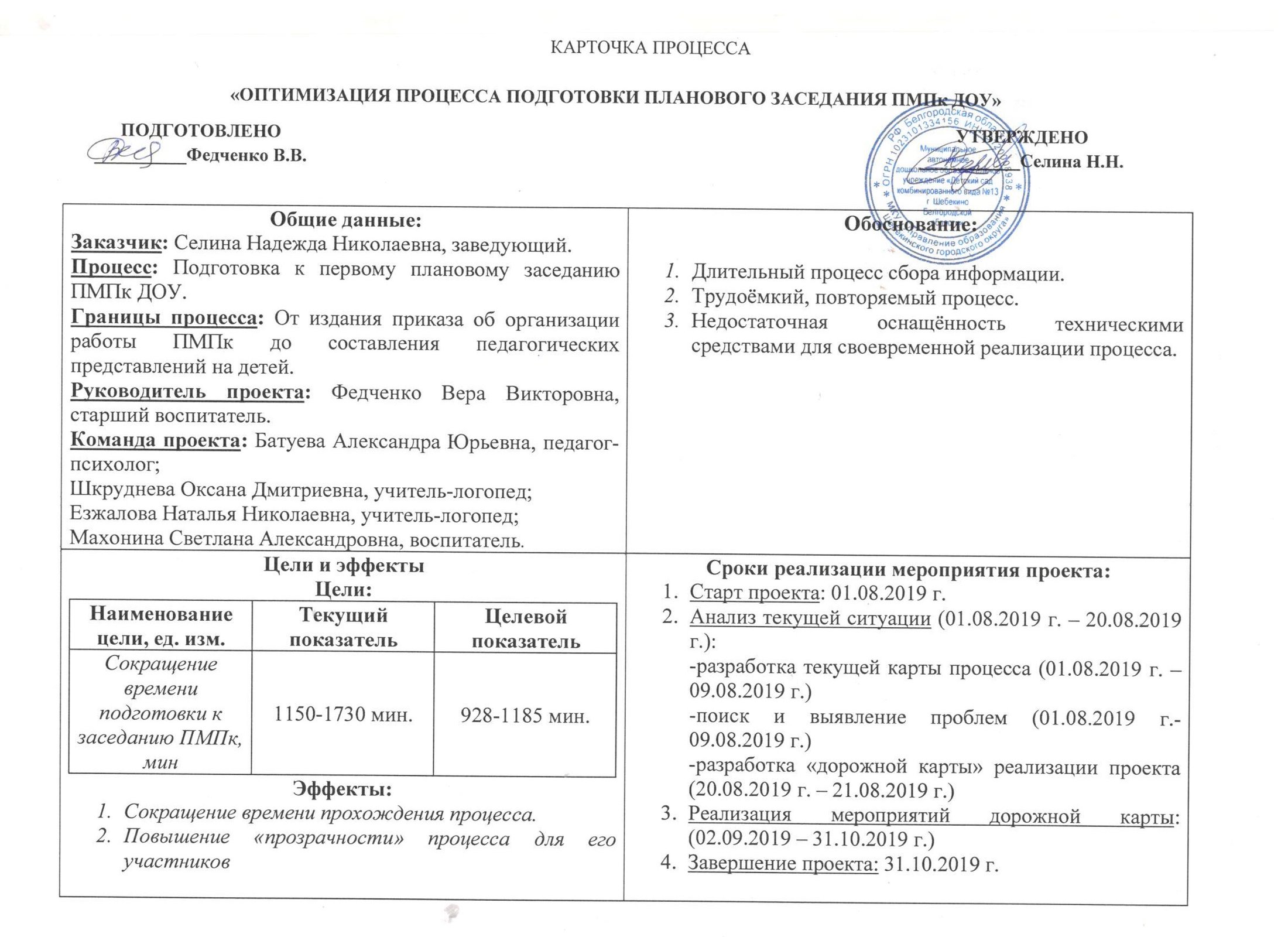 Карточка проекта по бережливому производству